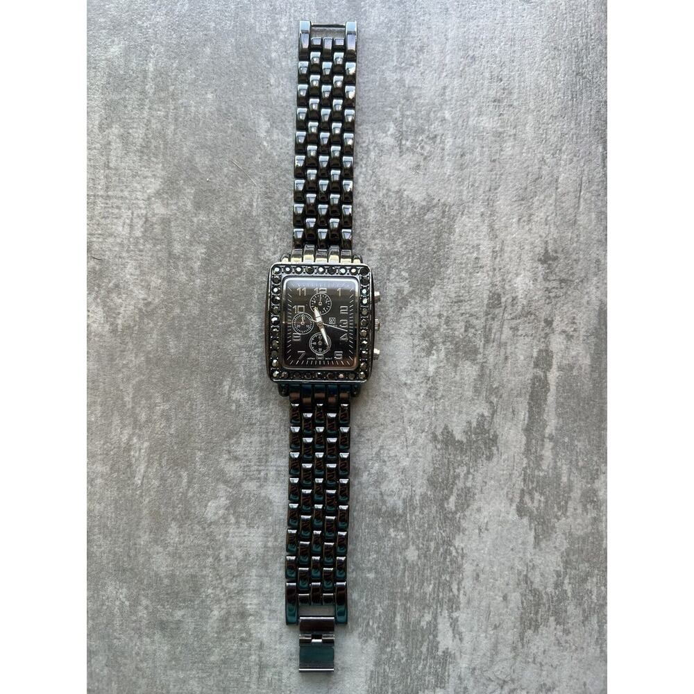 NY&C Bracelet Watch Crystal Bezel Black Stainless Steel Square Rhinestone